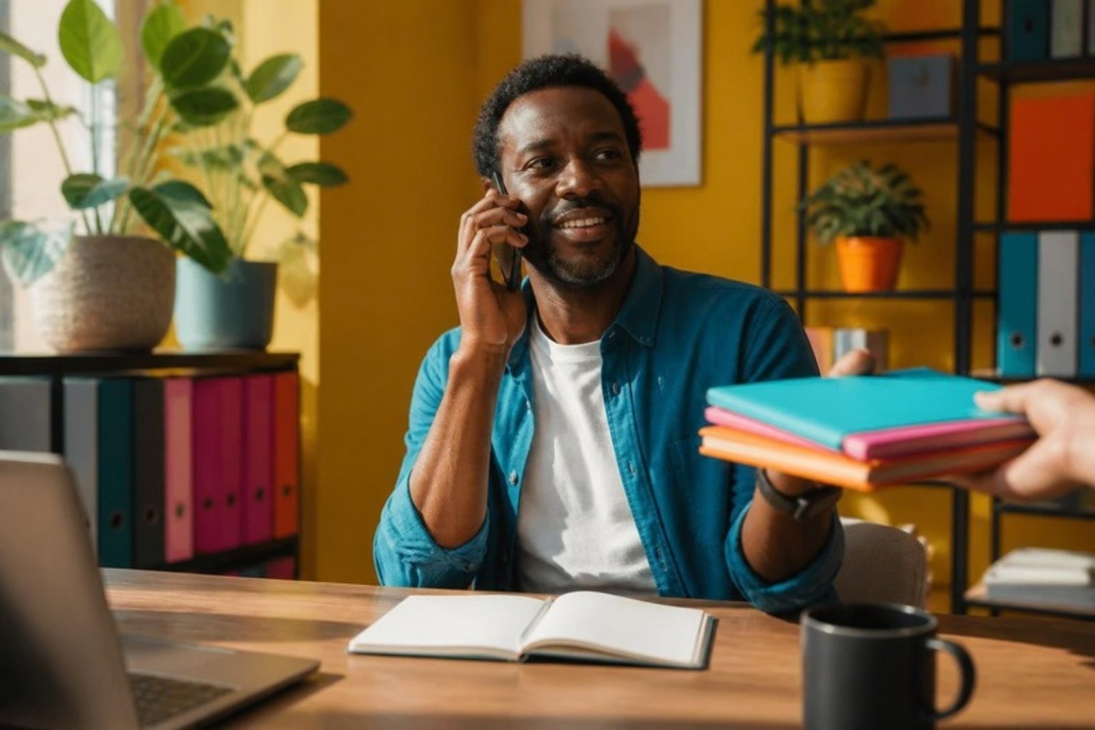 A man at a sunny desk talks on the phone while someone hands him a stack of colourful folders, his own notebook open in front of him.