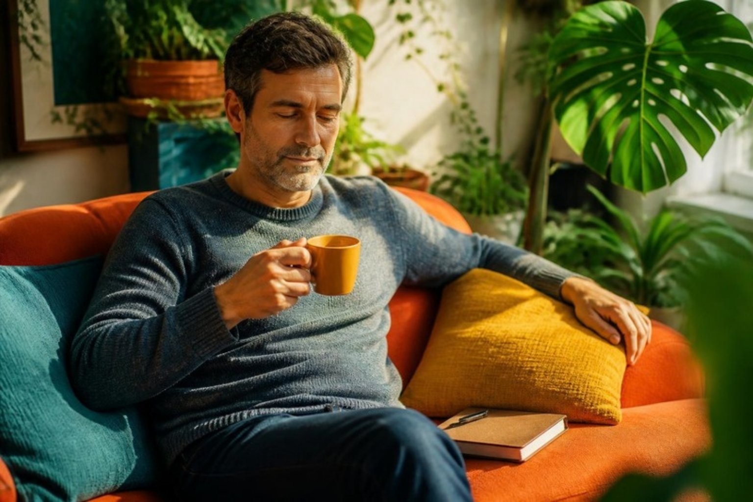 A man sits on an orange sofa among green plants with a cup of tea, eyes half closed, a notebook beside him.