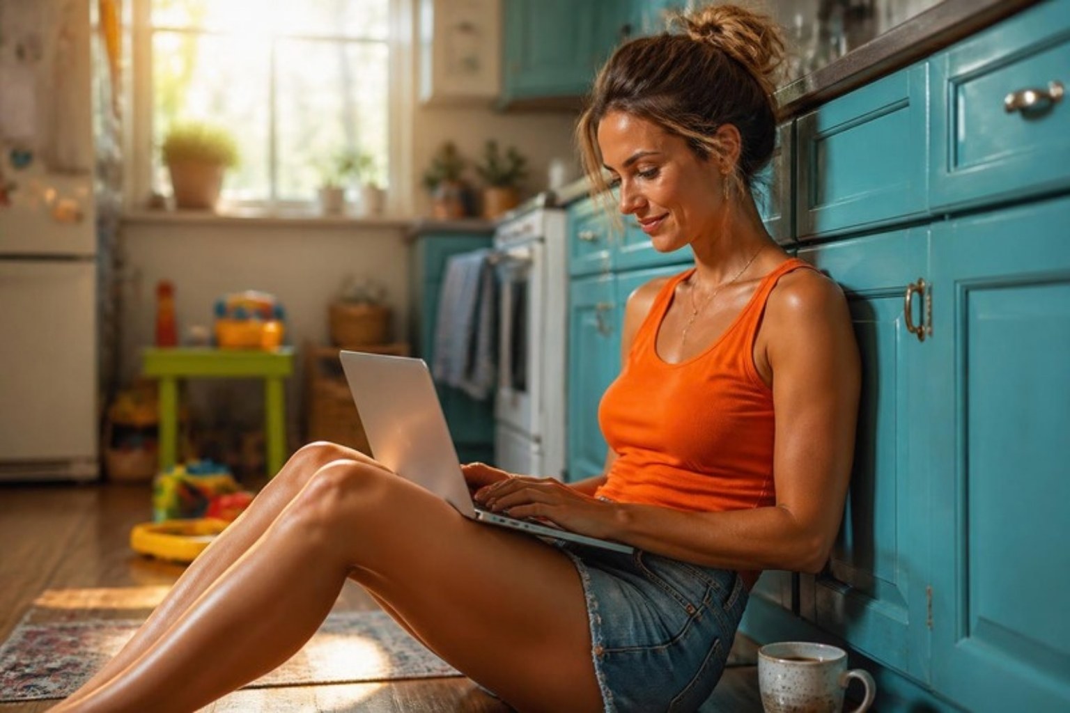 A mother sits on a sunny kitchen floor against turquoise cabinets, laptop on her knees and a coffee beside her, toys in the background.
