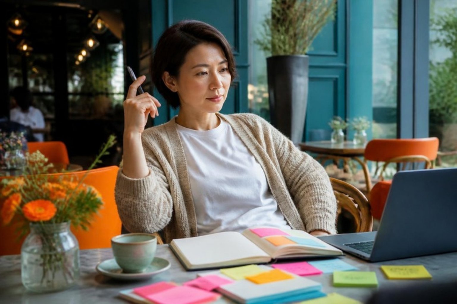 A woman at a café table, pen raised, looks at an open planner, a laptop and a spread of colourful sticky notes.