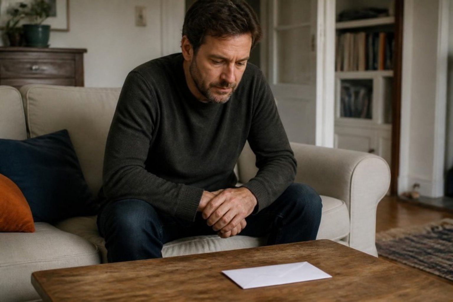 A person sits on a sofa and looks, hesitant, at a single unopened envelope on the coffee table.