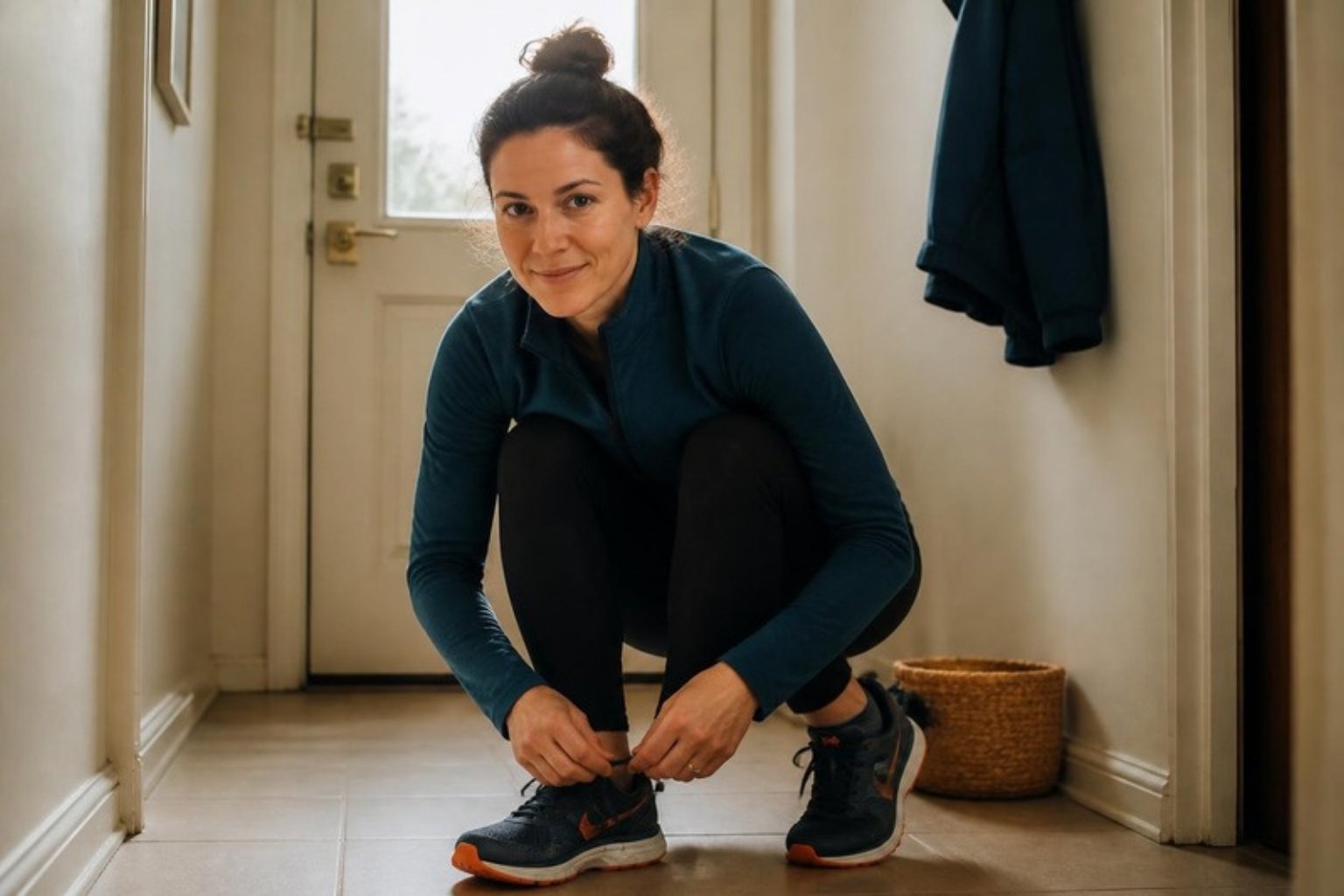 A person by the front door in morning light ties their running shoes, with a small smile.
